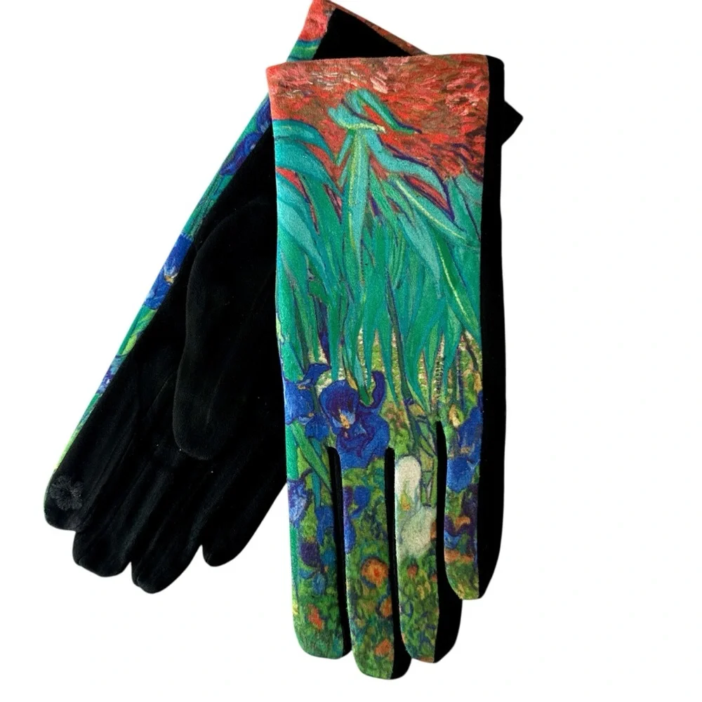 Micro Suede Gloves Van Gogh Iris Inspired Touchscreen Index Finger New